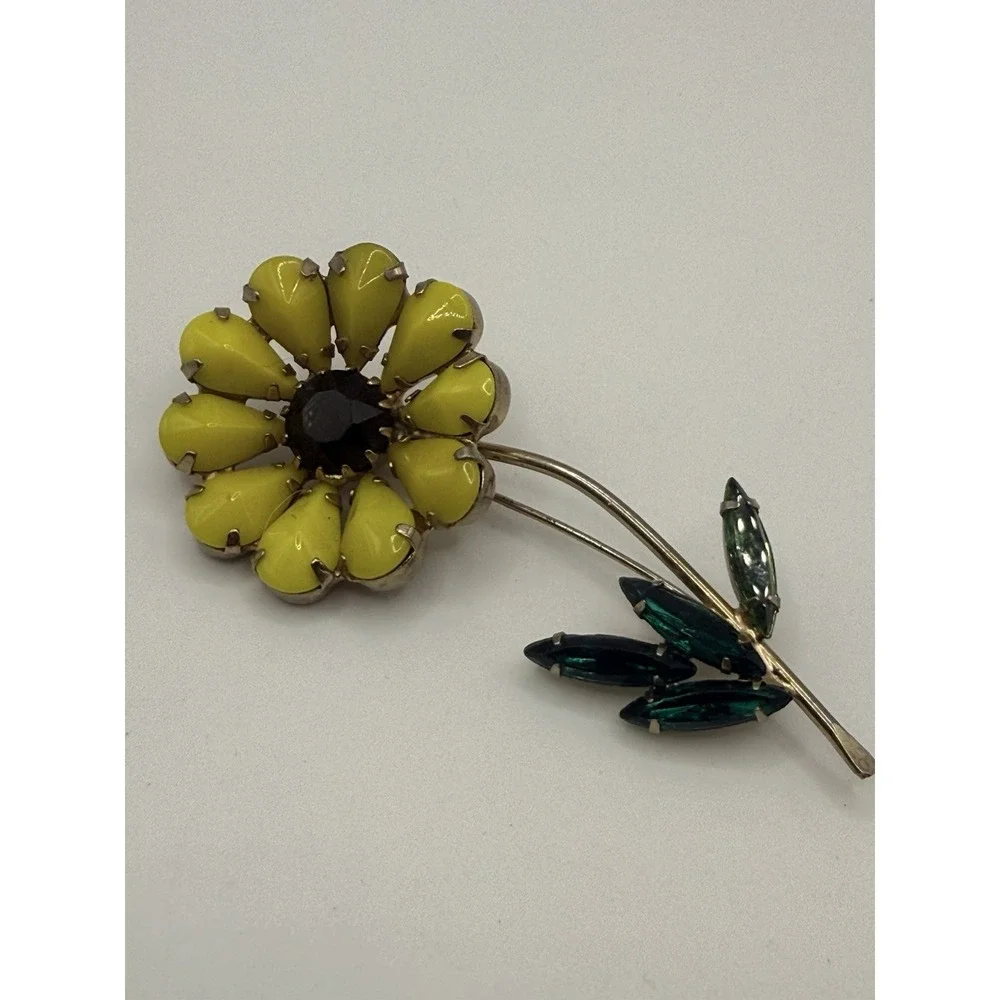 Vintage Flower Brooch Yellow Cabichon Petals Green Rhinestone Leaves Gold Tone